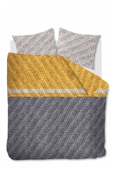 dekbedovertrek met bijpassende hoofdkussens met wollen kabelprint in de kleur geel grijs